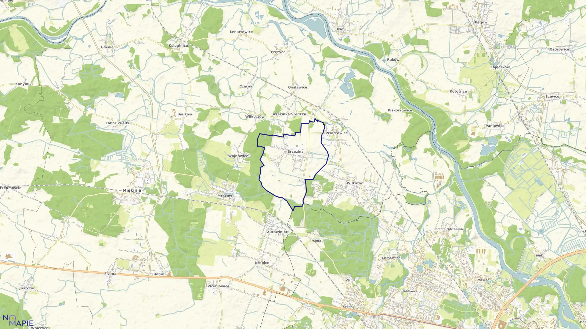 Mapa obrębu Brzezina w gminie Miękinia